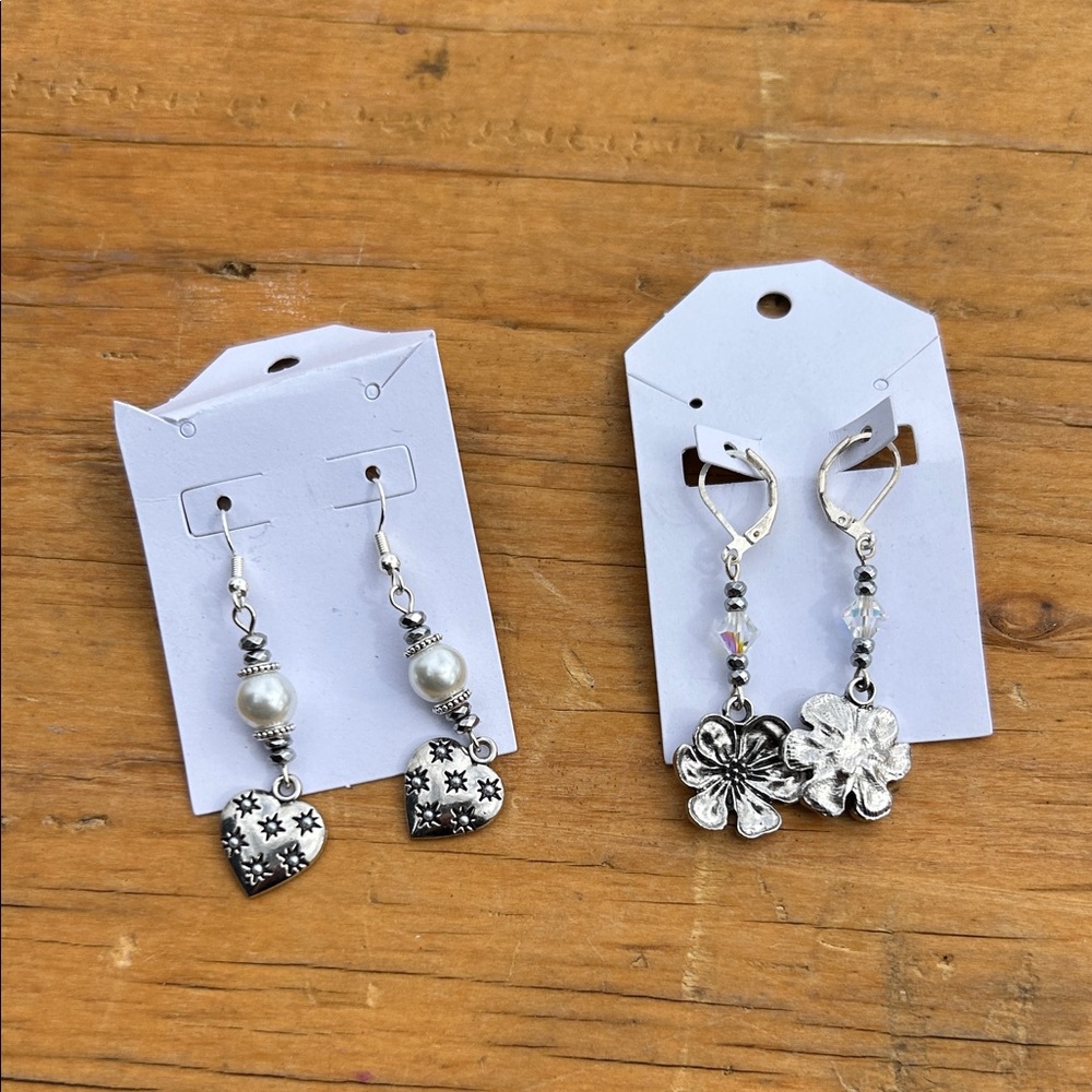 Silver Heart and Flower Dangle Earrings